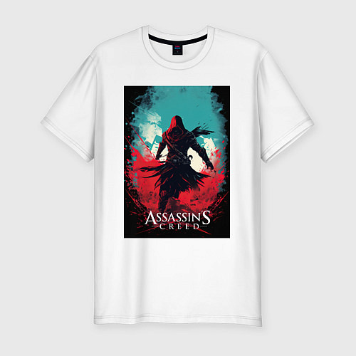 Мужская slim-футболка Assassins creed red blue abstract / Белый – фото 1