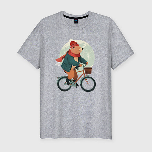 Мужская slim-футболка Медвежонок на велосипеде / Меланж – фото 1