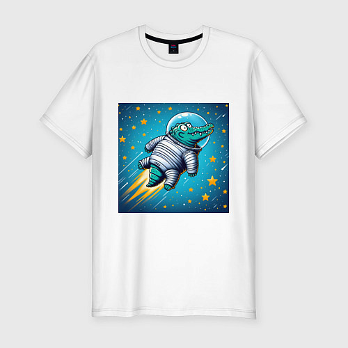 Мужская slim-футболка Крокодил летит в космосе / Белый – фото 1