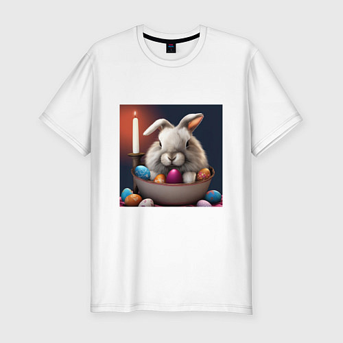 Мужская slim-футболка Пасхальный зайчик при свечах / Белый – фото 1