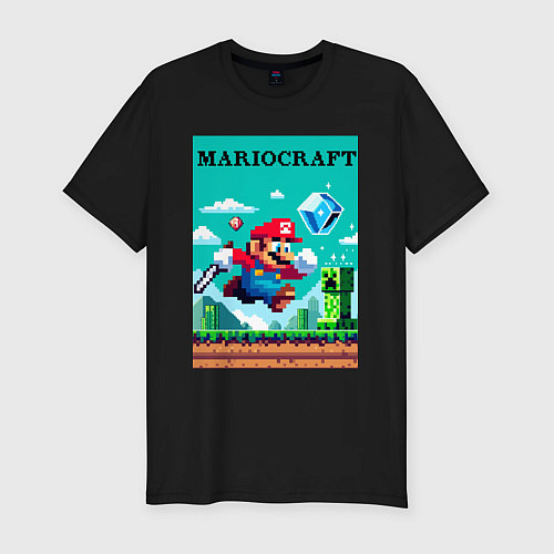 Мужская slim-футболка Mario and Minecraft - collaboration pixel art / Черный – фото 1
