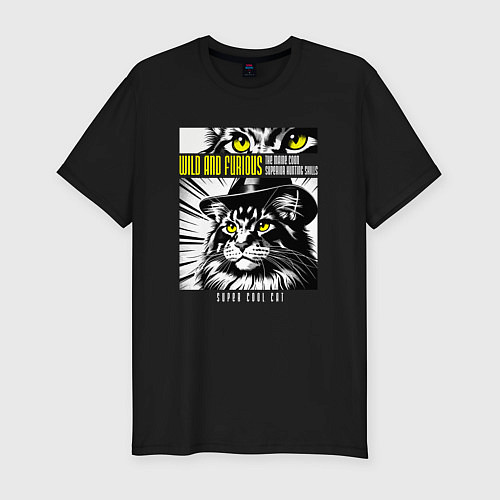 Мужская slim-футболка Кот в шляпе / Черный – фото 1
