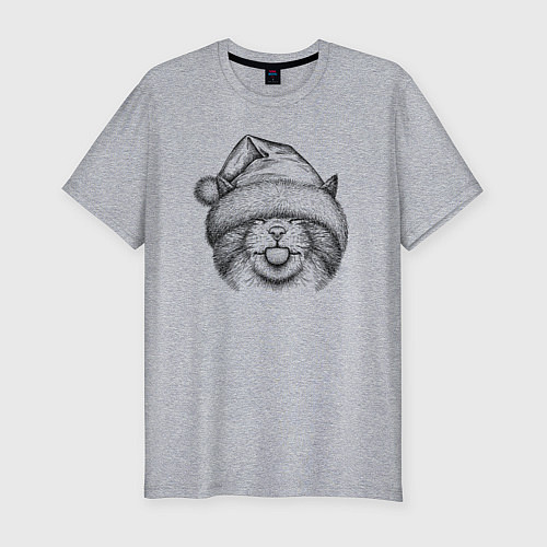 Мужская slim-футболка Кот в новогодней шапке / Меланж – фото 1