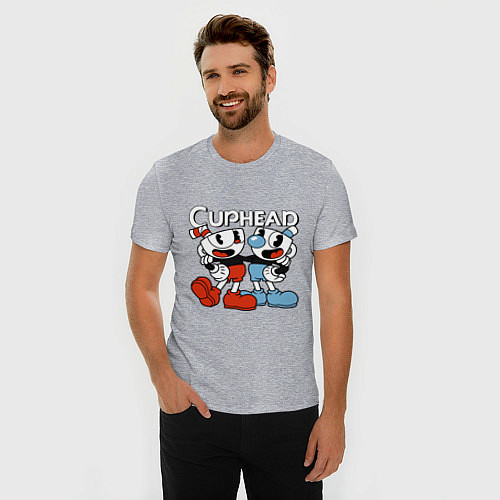 Мужская slim-футболка Cuphead and Mugman / Меланж – фото 3