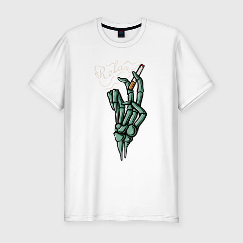 Мужская slim-футболка Скелет с сигаретой - relax / Белый – фото 1