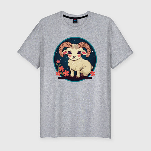 Мужская slim-футболка Барашек знак зодиака Овен на фоне цветов / Меланж – фото 1