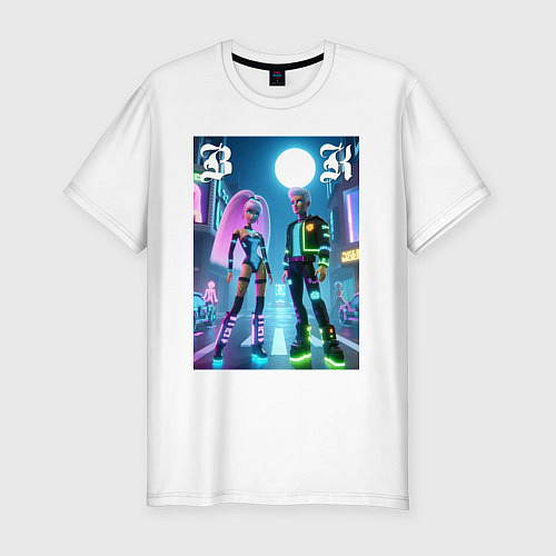 Мужская slim-футболка Барби и Кен в ночном городе - неон / Белый – фото 1