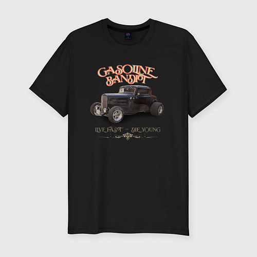 Мужская slim-футболка Хот род и надпись Gasoline bandit / Черный – фото 1