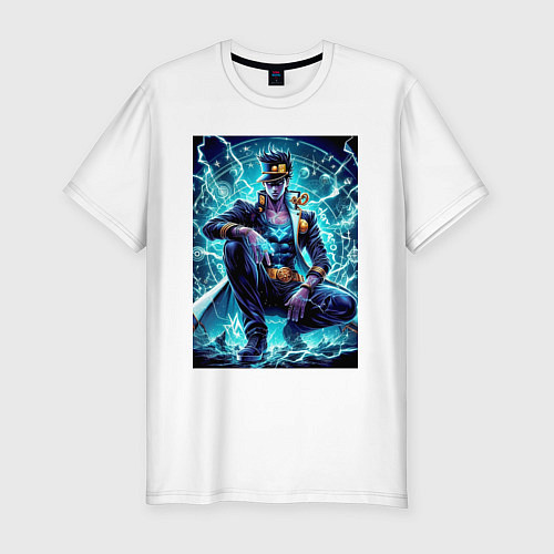 Мужская slim-футболка Jotaro Kujo - neon glow ai art / Белый – фото 1