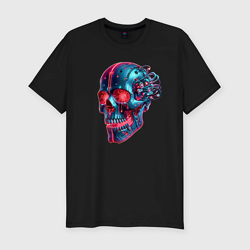 Мужская slim-футболка Metal cyber skull - ai art / Черный – фото 1