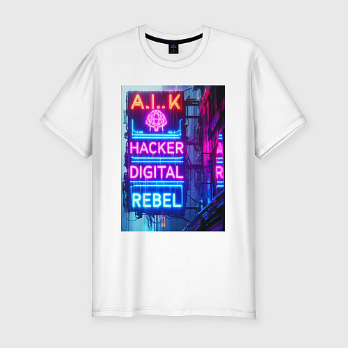 Мужская slim-футболка Ai hacker digital rebel - neon glow / Белый – фото 1