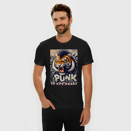 Мужская slim-футболка Cool tiger - punks not dead / Черный – фото 3