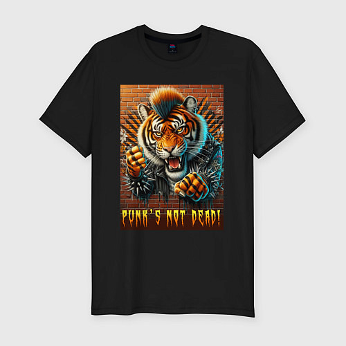 Мужская slim-футболка Punks not dead - motto tiger / Черный – фото 1