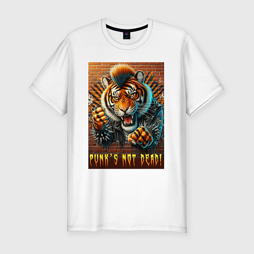 Мужская slim-футболка Punks not dead - motto tiger / Белый – фото 1