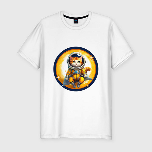 Мужская slim-футболка Кошка на космической подушке в скафандре / Белый – фото 1