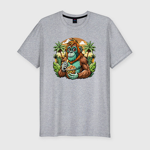 Мужская slim-футболка Орангутанг на пляже / Меланж – фото 1