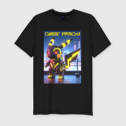 Футболка slim-fit Cyber pikachu - ai art neon glow fantasy, цвет: черный