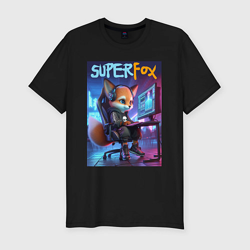 Мужская slim-футболка Super fox gamer - ai art fantasy / Черный – фото 1