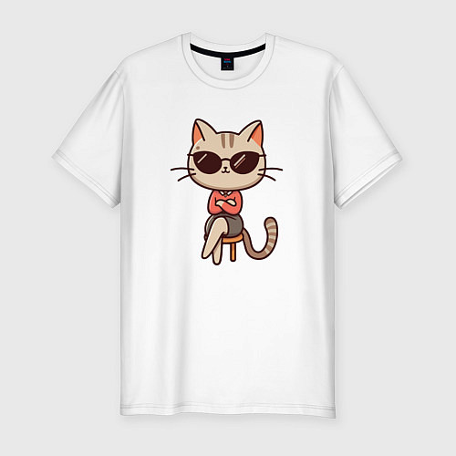 Мужская slim-футболка Деловая кошка босс в очках внимательно смотрит / Белый – фото 1