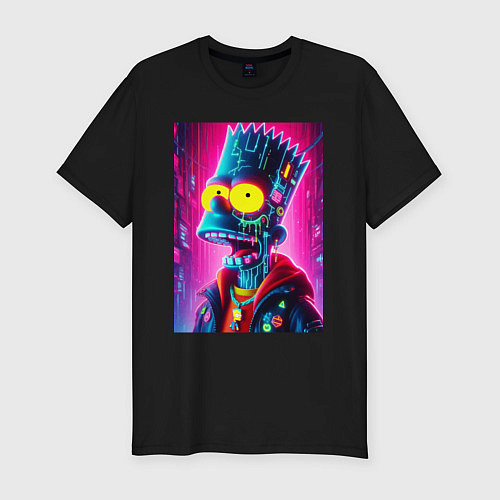 Мужская slim-футболка Cyber Bart Simpson - neon glow ai art / Черный – фото 1