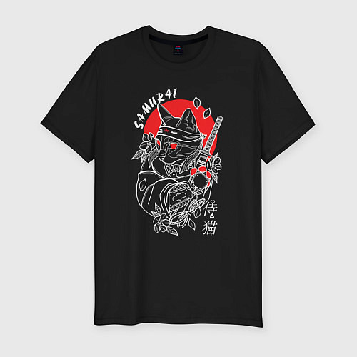 Мужская slim-футболка Черный кот самурай / Черный – фото 1