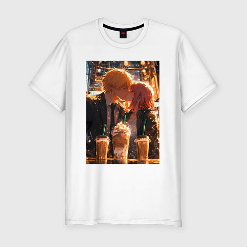 Мужская slim-футболка Человек-бензопила Дэндзи Макима / Белый – фото 1