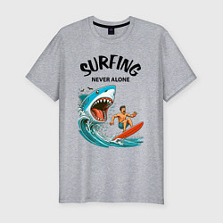 Мужская slim-футболка Shark and surfer - never alone