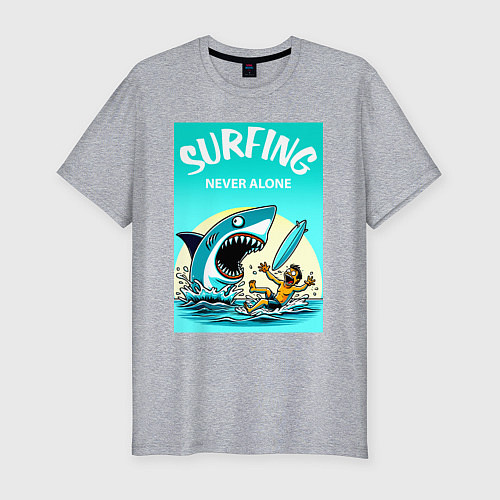 Мужская slim-футболка Surfing never alone - shark and surfer / Меланж – фото 1