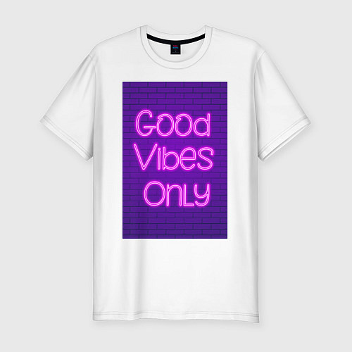 Мужская slim-футболка Неоновая надпись good vibes only и кирпичная стена / Белый – фото 1