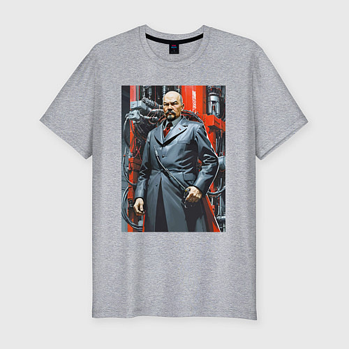 Мужская slim-футболка Ленин в кожанке - киберпанк / Меланж – фото 1