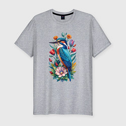 Мужская slim-футболка Птица зимородок среди цветов