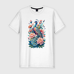 Мужская slim-футболка Павлин среди цветов