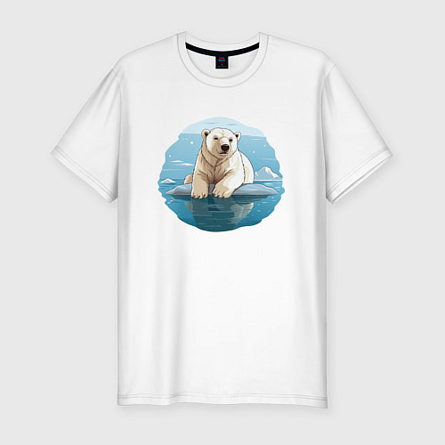Мужская slim-футболка Задумчивый белый медведь на льдине / Белый – фото 1