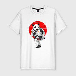 Мужская slim-футболка Панда каратист в кимоно на красном фоне