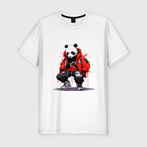 Мужская slim-футболка Модная панда в красной куртке / Белый – фото 1