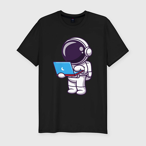 Мужская slim-футболка Астронавт с ноутбуком / Черный – фото 1