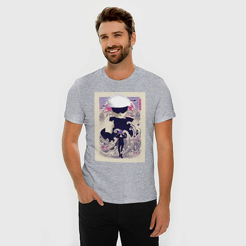 Мужская slim-футболка Магическая битва Сатору Годзё арт повязка / Меланж – фото 3