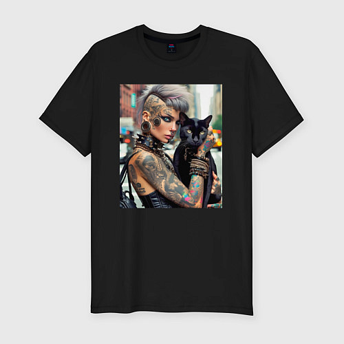 Мужская slim-футболка Девчонка панк в татухах с чёрным котом - нейросеть / Черный – фото 1
