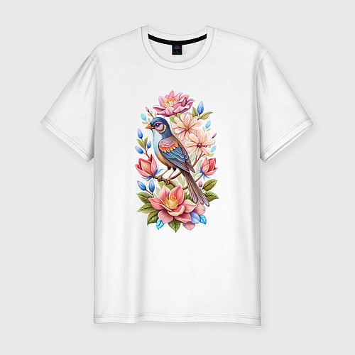 Мужская slim-футболка Птица Калипта Анны среди цветов / Белый – фото 1