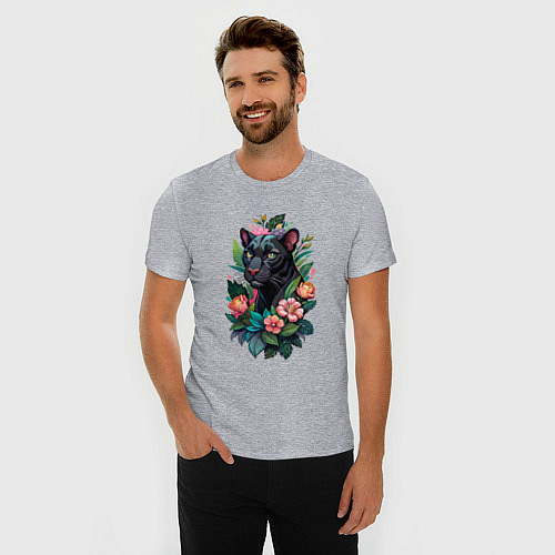 Мужская slim-футболка Черная пантера среди цветов / Меланж – фото 3