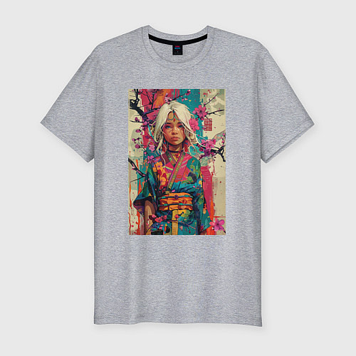 Мужская slim-футболка Белокурая индейская девушка в японском кимоно - жи / Меланж – фото 1