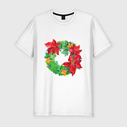 Мужская slim-футболка Новогодний венок из плюща и пуансеттии