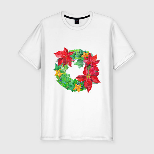 Мужская slim-футболка Новогодний венок из плюща и пуансеттии / Белый – фото 1