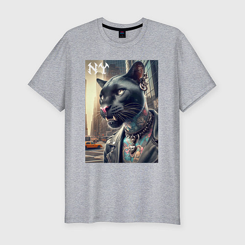 Мужская slim-футболка Cool dude panther from New York - ai art / Меланж – фото 1