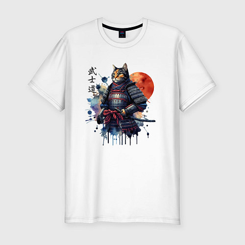 Мужская slim-футболка Cat samurai - bushido ai art / Белый – фото 1