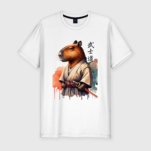 Мужская slim-футболка Capybara samurai - ai art fantasy / Белый – фото 1