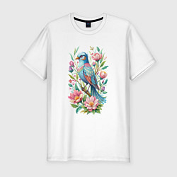 Мужская slim-футболка Красивая голубая птица среди цветов