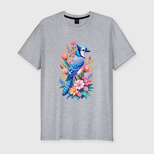 Мужская slim-футболка Голубая сойка среди цветов / Меланж – фото 1