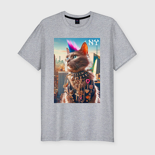 Мужская slim-футболка Funny cat punk from New York - ai art / Меланж – фото 1