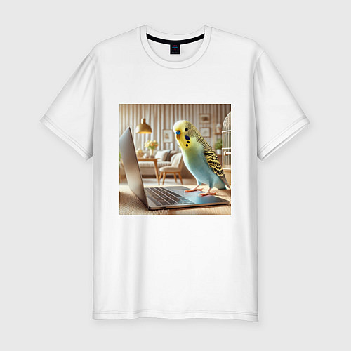 Мужская slim-футболка Волнистый попугай с ноутбуком / Белый – фото 1